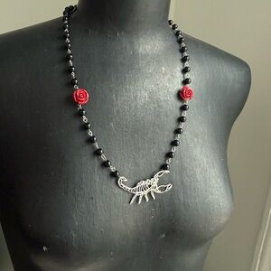 Obsidian Beaded Necklace with Red Rose Accents and Silver Scorpion Pendant goth